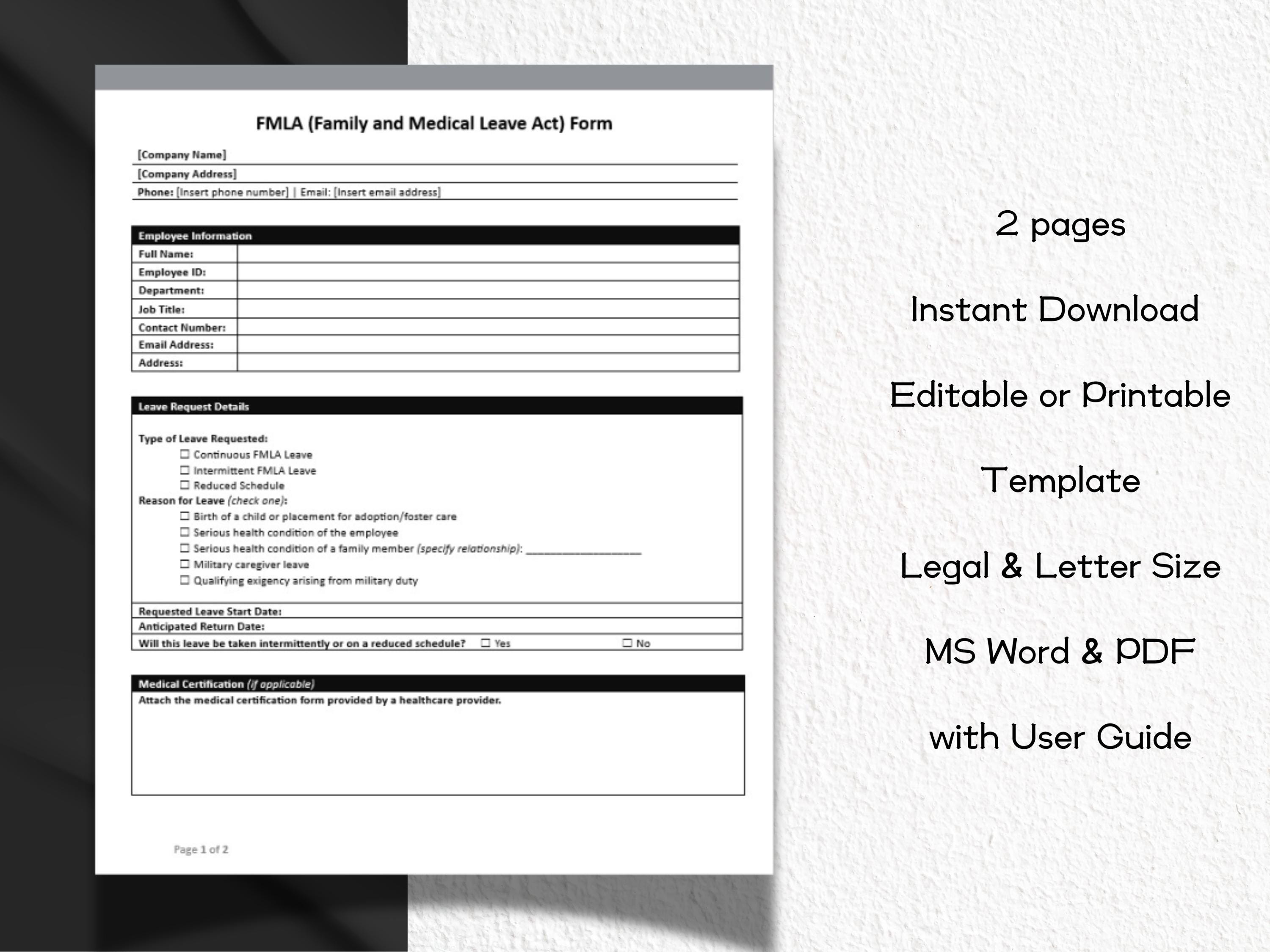 FMLA Family and Medical Leave Act Application Form Editable and ...