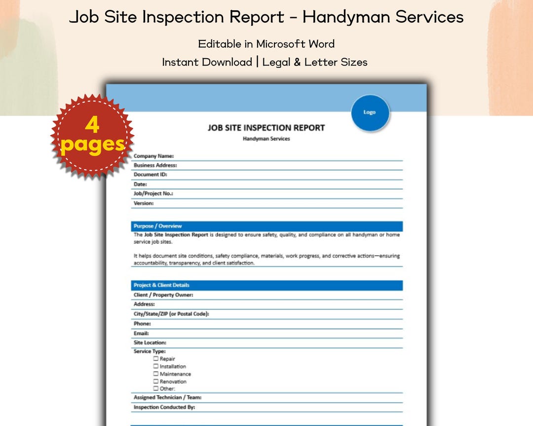 Routine Inspection Job Report Job Site Inspection Report Editable and Printable Template, Handyman ...