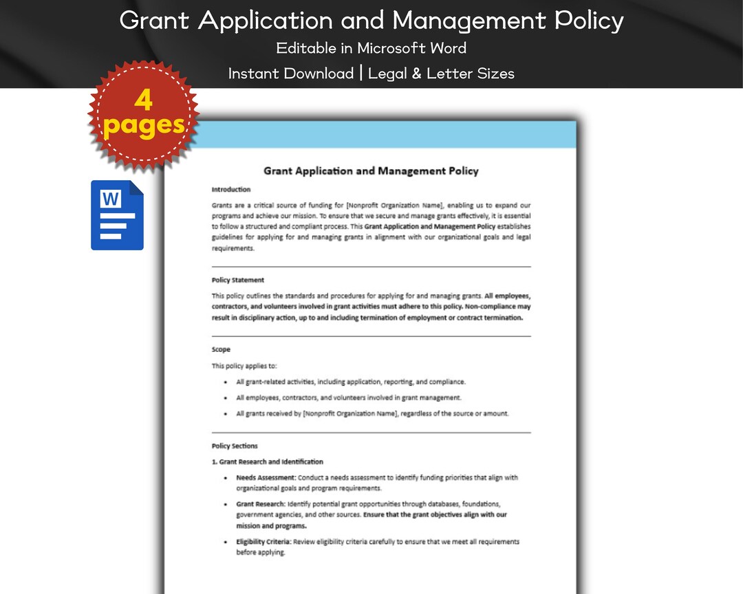 Grant Application and Management Policy Editable Template | Nonprofit ...