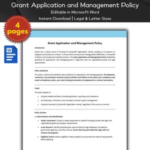 Op de afbeelding: Een document met de titel "Grant Application and Management Policy" met een rood, wit en blauw Microsoft Word-pictogram. Het document is een vier pagina's tellende gids voor het aanvragen en beheren van subsidies. Het document bevat secties over een beleidsverklaring, de reikwijdte, beleidssecties, behoeftebeoordeling, subsidieonderzoek en toelatingscriteria.