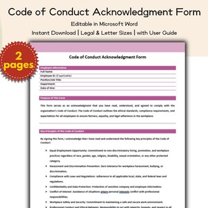 May include: A Code of Conduct Acknowledgment Form, editable in Microsoft Word, with a user guide. The document is two pages long and includes sections for employee information and key principles of conduct. The form is designed for instant download and is available in legal and letter sizes.