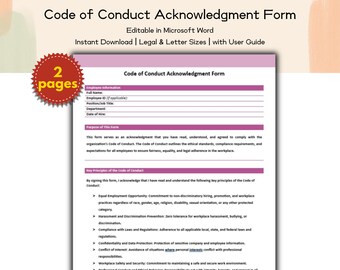 Formulario de Reconocimiento del Código de Conducta (Plantilla editable e imprimible), Plantilla de Acuerdo de Ética del Empleado, Cumplimiento de RR. HH., Formularios de RR. HH. editables