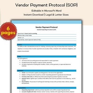 Vendor Payment Protocol SOP Editable and Printable Template, Finance and Accounting Standard Operating Procedure, Business Owners, Auditors