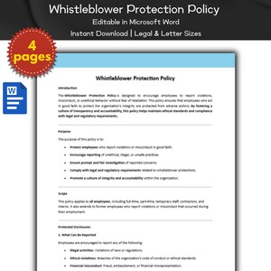 May include: A document titled "Whistleblower Protection Policy" with a blue background and white text. The document is a template that can be edited in Microsoft Word. The document is available for instant download in legal and letter sizes. The document is 4 pages long.