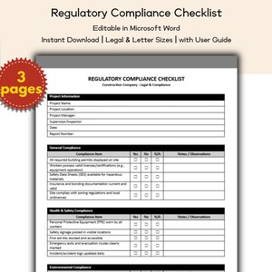 Puede incluir: Un documento de lista de verificación de cumplimiento normativo con el título "Regulatory Compliance Checklist" y el texto "Editable in Microsoft Word". El documento incluye secciones para información del proyecto, cumplimiento general, salud y seguridad.