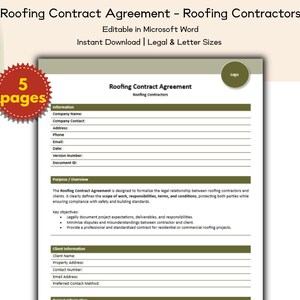 May include: A Roofing Contract Agreement document with the title "Roofing Contract Agreement - Roofing Contractors" and the text "Editable in Microsoft Word" and "Instant Download | Legal & Letter Sizes". The document has 5 pages and includes fields for company information and client information.