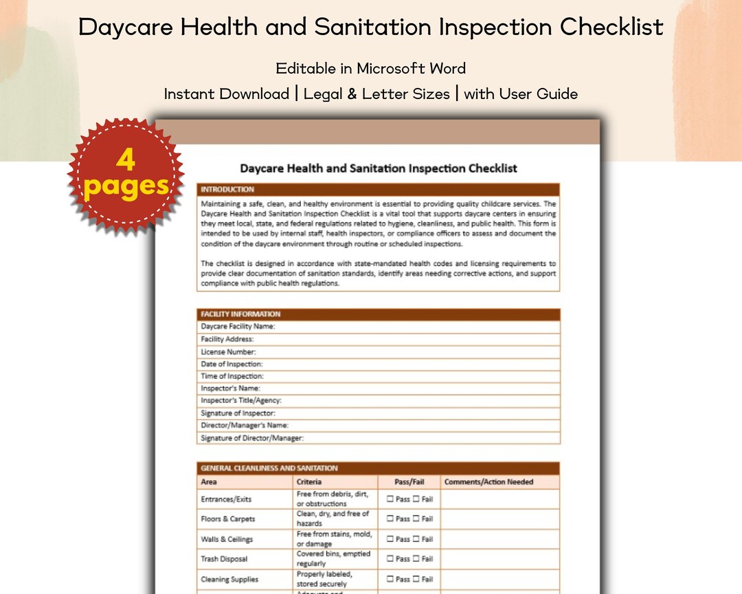 Daycare Health and Sanitation Inspection Checklist Editable and ...