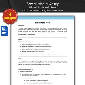May include: A printable social media policy document for businesses. The document includes guidelines for employees on the appropriate use of social media in relation to their work and the organization. The document also includes information on protecting the organization's reputation, ensuring compliance with legal and ethical standards, and maintaining a professional online presence.