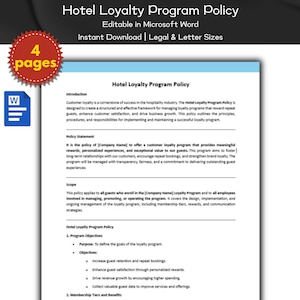 Op de afbeelding: Een document met de titel "Hotel Loyalty Program Policy" met een blauwe kop en witte tekst. Het document beschrijft de principes, procedures en verantwoordelijkheden voor het implementeren en onderhouden van een succesvol loyaliteitsprogramma.