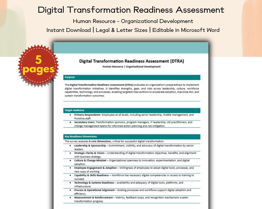 Digital Transformation Readiness Assessment Editable and Printable ...