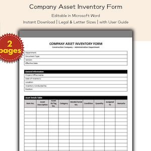 May include: A white Company Asset Inventory Form with black text, designed for construction companies. The form includes sections for department, document type, and asset details. The image also shows the text "Editable in Microsoft Word" and "Instant Download".