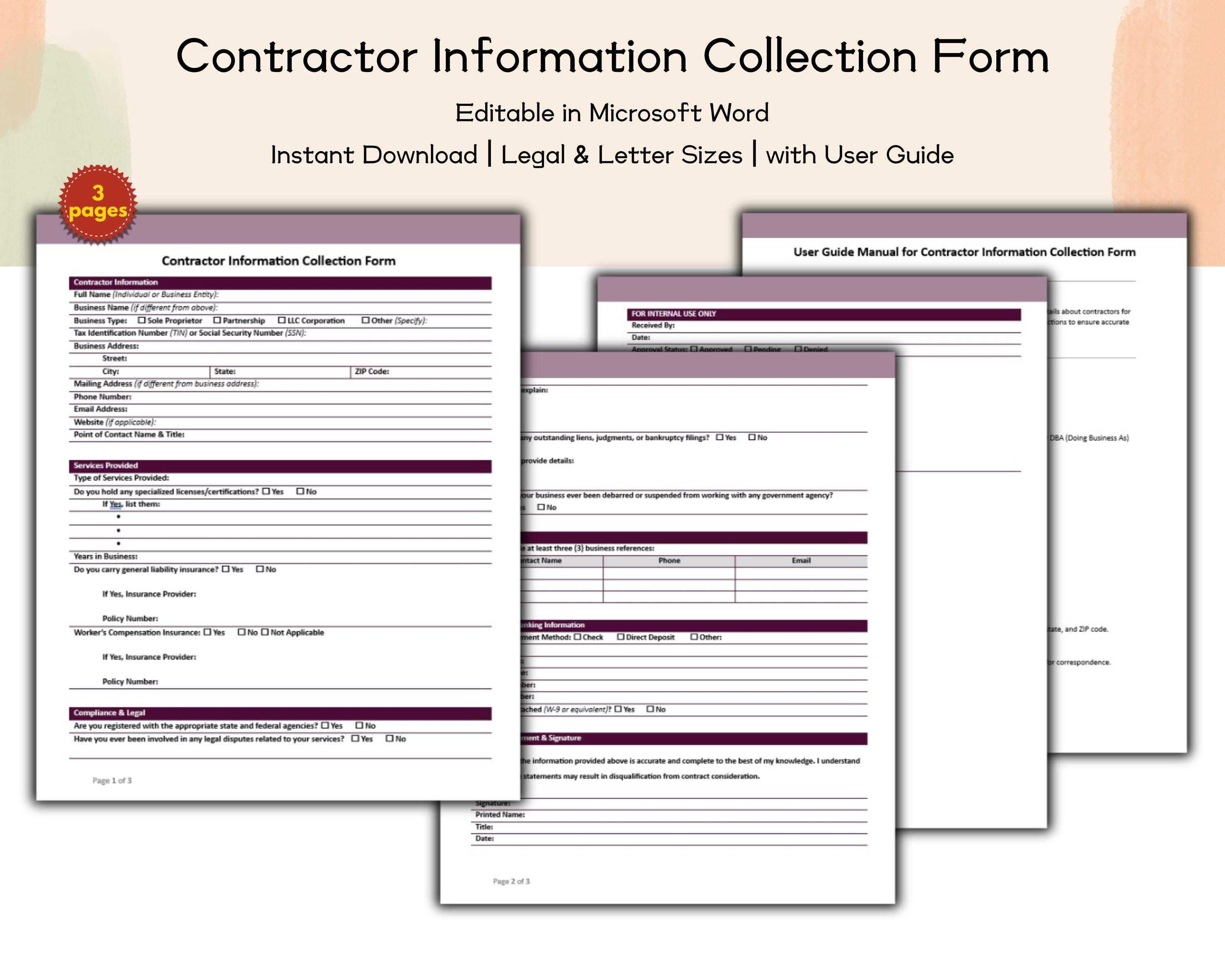 Contractor Information Collection Form Editable and Printable ...