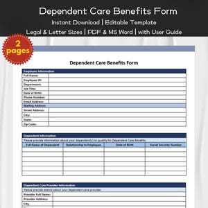 Dependent Care Benefits Form Editable and Printable Template | Employee Management | HR Human Resource Forms | Employee Payroll and Benefits