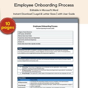 Peut inclure: Un document intitulé « Processus d'intégration des employés » avec le texte « Modifiable dans Microsoft Word » et « Téléchargement instantané ». Le document comprend un tableau avec des catégories et des responsabilités. Une étoile rouge affiche « 10 pages ».