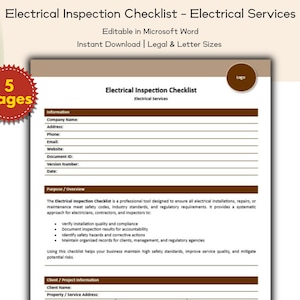 Op de afbeelding: Een document met een checklist voor elektrische inspectie met de titel "Electrical Inspection Checklist - Electrical Services". Bewerkbaar in Microsoft Word, direct te downloaden, in Legal- en Letter-formaten, 5 pagina's. Voor elektrische diensten.