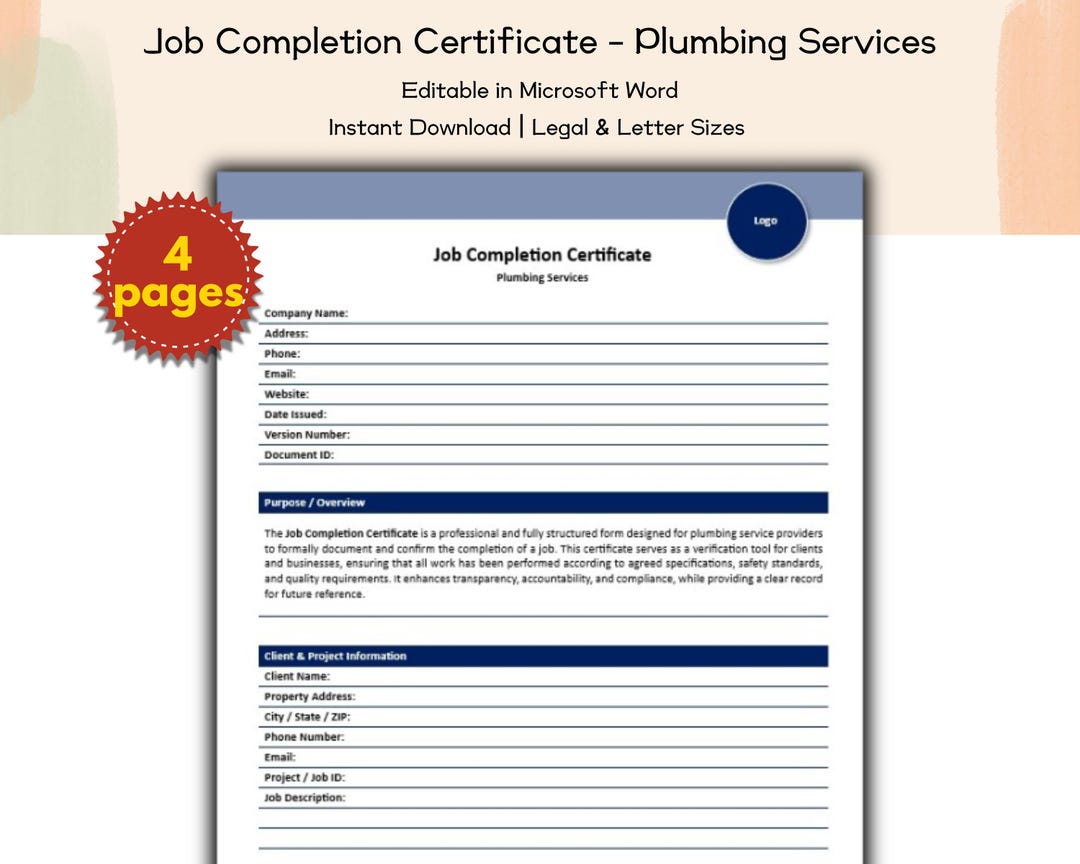 Job Completion Certificate Plumbing Services Form Editable and ...