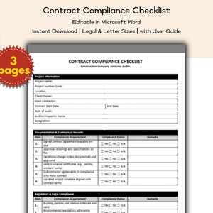 May include: A contract compliance checklist document with a white background and black text. The document includes sections for project information, documentation, and regulatory compliance. The image also includes a red and yellow circular graphic that says "3 pages".