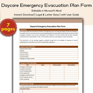 Peut inclure: Un formulaire imprimable de plan d'évacuation d'urgence pour garderie, modifiable dans Microsoft Word et téléchargeable instantanément. Le formulaire comprend des sections pour les informations sur la garderie, les coordonnées d'urgence et l'aperçu du plan d'évacuation. Le formulaire compte 7 pages.