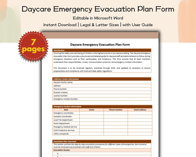 Daycare Emergency Evacuation Plan Form Editable and Printable Template ...