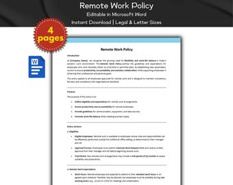 Remote Work Policy Editable Template | Human Resource Policies | Work Hours And Attendance | MS Word | Employee Management | HR Tools