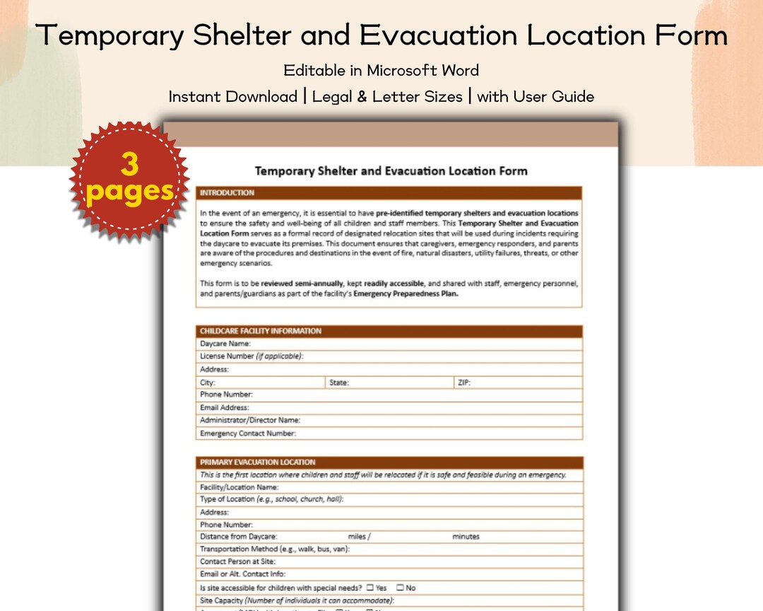 Daycare Temporary Shelter and Evacuation Location Form Editable and ...