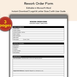 Construction Company Rework Order Form Editable and Printable Template, Quality Control, Contractor Compliance Manager, Administrative Staff