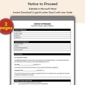 Może przedstawiać: Biały dokument zatytułowany "Notice to Proceed" z polami do wypełnienia dla informacji o projekcie i wykonawcy. Dokument zawiera tekst "Editable in Microsoft Word" i "Instant Download". Czerwony wybuch wskazuje "2 strony".