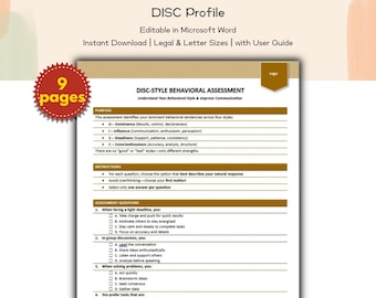 Avaliação de Perfil DISC para Coaching | Teste de Estilo de Personalidade Comportamental para Liderança, RH e Desenvolvimento de Equipes | Modelo Editável e Imprimível