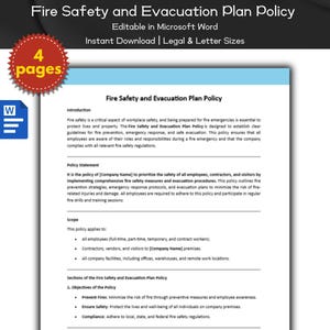 Plantilla editable de política de seguridad contra incendios y plan de evacuación / Política de recursos humanos / Seguridad en el trabajo / Gestión de empleados / Política de la empresa