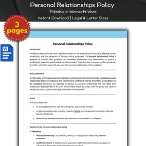 Könnte beinhalten: Ein Dokument mit dem Titel "Personal Relationships Policy" mit weißem Hintergrund und schwarzem Text. Das Dokument ist eine Vorlage für eine Unternehmensrichtlinie, die Richtlinien für persönliche Beziehungen zwischen Mitarbeitern festlegt. Das Dokument ist in Microsoft Word bearbeitbar und steht zum sofortigen Download in den Formaten Legal und Letter zur Verfügung.