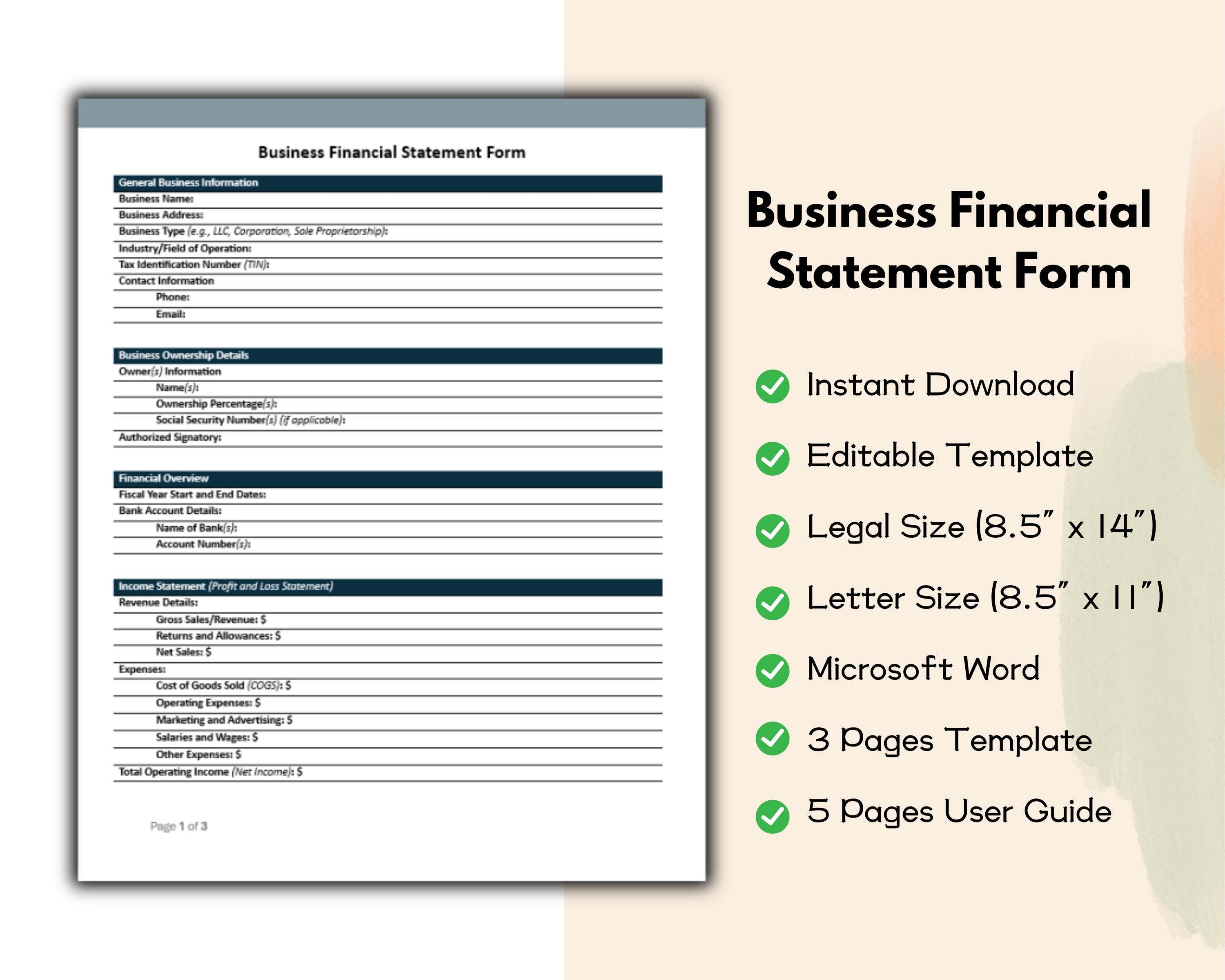 Business Financial Statement Form – Editable and Printable Template for ...