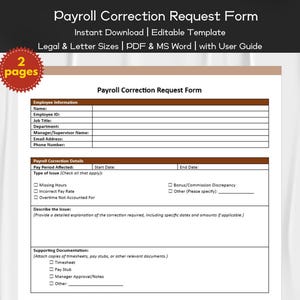 Peut inclure: Un formulaire de demande de correction de la paie imprimable avec des sections pour les informations sur les employés, les détails de la correction de la paie et la documentation justificative. Le formulaire comprend des champs pour le nom, l'ID de l'employé, le titre du poste, le service, le nom du responsable/superviseur, l'adresse e-mail, le numéro de téléphone, la date de début, la date de fin, le type de problème et une description du problème. Le formulaire comprend également une section pour joindre la documentation justificative, telle que les feuilles de temps, les bulletins de paie ou les notes d'approbation du responsable.