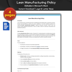 May include: A four-page document titled "Lean Manufacturing Policy" with a white Microsoft Word icon in the top left corner. The document outlines a systematic approach to identifying and eliminating waste in production processes, thereby improving efficiency, quality, and customer satisfaction.