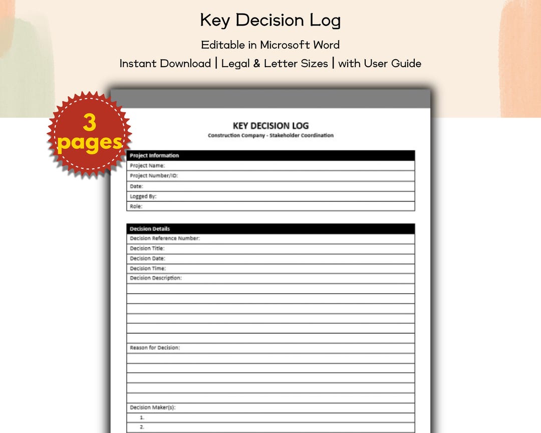 Construction Company Key Decision Log Editable and Printable Template ...
