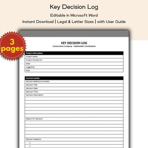Construction Company Key Decision Log Editable and Printable Template, Stakeholder Coordination, Administrative Staff, Project Managers
