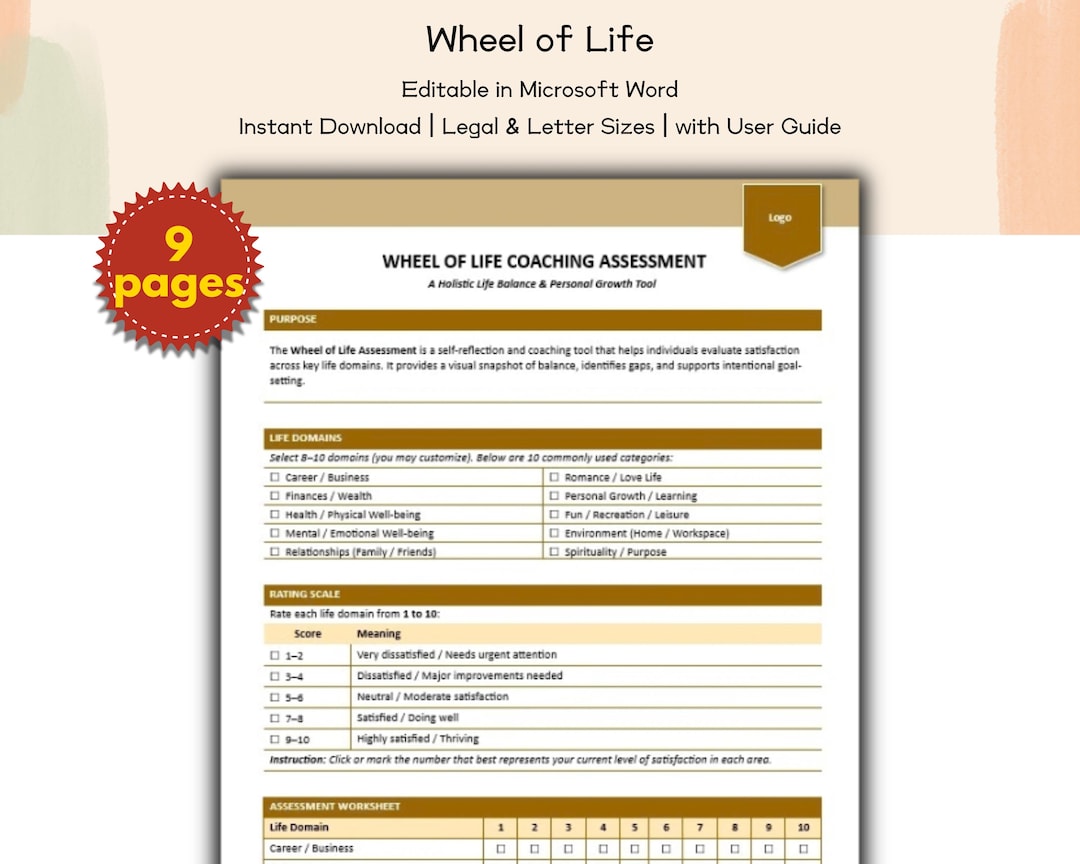 Wheel of Life Worksheet | Life Balance Coaching Assessment for Personal ...