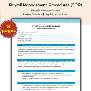 May include: A digital document titled "Payroll Management Procedures (SOP)" is displayed. The document is editable in Microsoft Word and available for instant download in legal and letter sizes. An orange starburst graphic indicates the document has 8 pages.