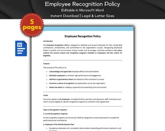 Employee Recognition Policy Editable Template | Human Resource Policies | Performance & Evaluation | MS Word, Employee Management, HR Tools