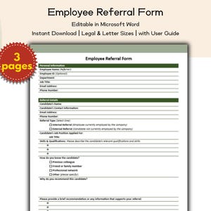 Op de afbeelding: Een werknemerverwijzingsformulier met de titel "Employee Referral Form". Het formulier is bewerkbaar in Microsoft Word en bevat secties voor persoonlijke en verwijzingsgegevens. De afbeelding bevat ook de tekst "3 pages".