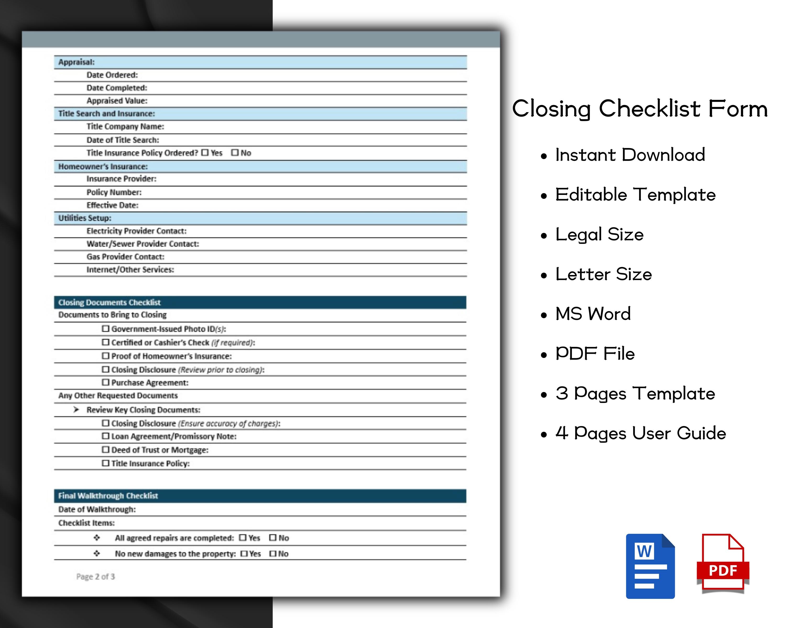 Closing Checklist Form Editable and Printable Template for Real Estate ...