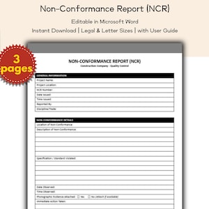 Puede incluir: Un documento titulado "Informe de No Conformidad (NCR)" con el logotipo de una empresa constructora. El documento es editable en Microsoft Word y está disponible para descarga instantánea en tamaños legal y carta. Una pegatina roja indica "3 páginas".