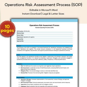 Könnte beinhalten: Ein Dokument mit dem Titel "Operations Risk Assessment Process (SOP)" wird angezeigt. Das Dokument ist in Microsoft Word bearbeitbar und steht zum sofortigen Download in den Formaten Legal und Letter zur Verfügung. Ein roter und goldener Aufkleber zeigt an, dass das Dokument 10 Seiten hat.
