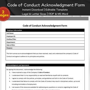 May include: A Code of Conduct Acknowledgment Form with a black and white design. The form includes sections for employee information, purpose, and acknowledgment and agreement. The form states that it serves as an acknowledgment that the employee has received, read, and understood the company's Code of Conduct and agrees to adhere to its principles and policies.