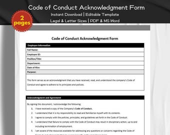 Formulario de aceptación del código de conducta, plantilla editable e imprimible / Formulario de políticas y cumplimiento / Plantilla de formulario de RR.HH. / Gestión de empleados