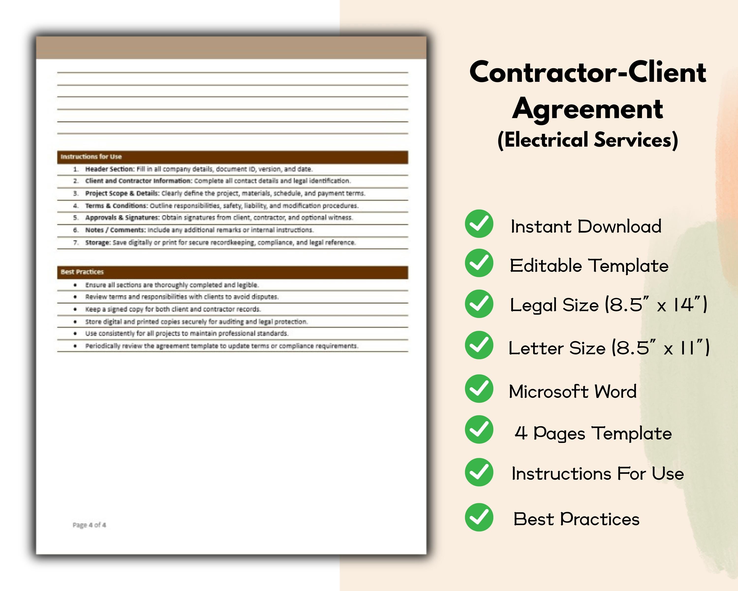 Client Contract Form Contractor-client Agreement Form Electrical Services Editable and ...