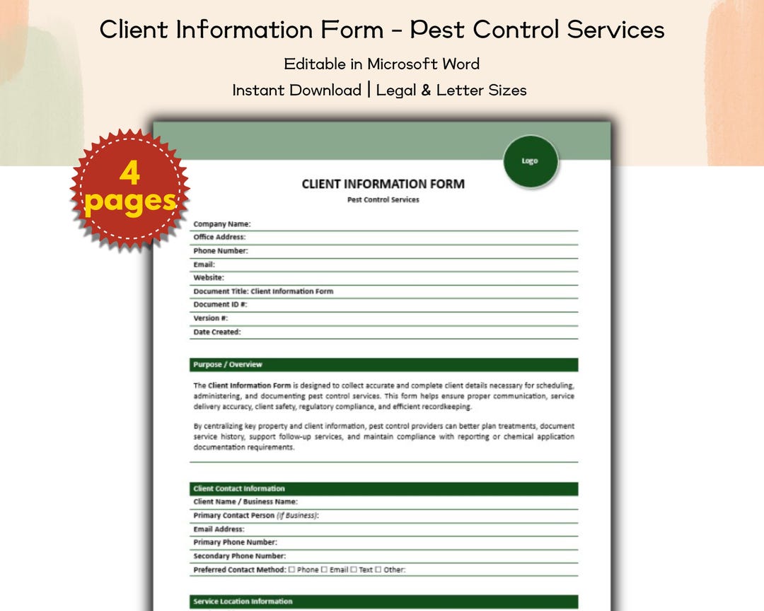 Client Information Form Pest Control Services Editable and Printable ...