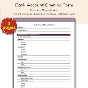 May include: A bank account opening form, with the title at the top. The form is editable in Microsoft Word and available for instant download. The form includes fields for personal information, contact details, and preferred communication methods. A red and yellow sticker says "3 pages".