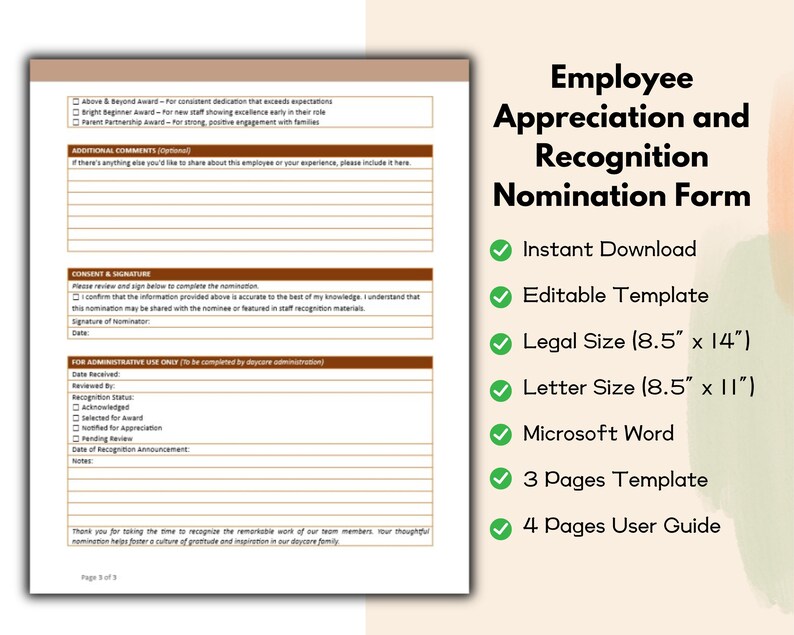 Daycare Employee Appreciation and Recognition Nomination Form Editable ...