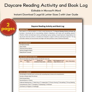 May include: A printable Daycare Reading Activity and Book Log template in Microsoft Word format. The document includes sections for child information, daily reading activity records, and a book log summary. The image also shows a red and gold badge that says "2 pages".