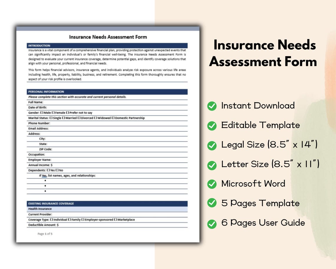 Insurance Needs Assessment Form Editable and Printable Financial ...